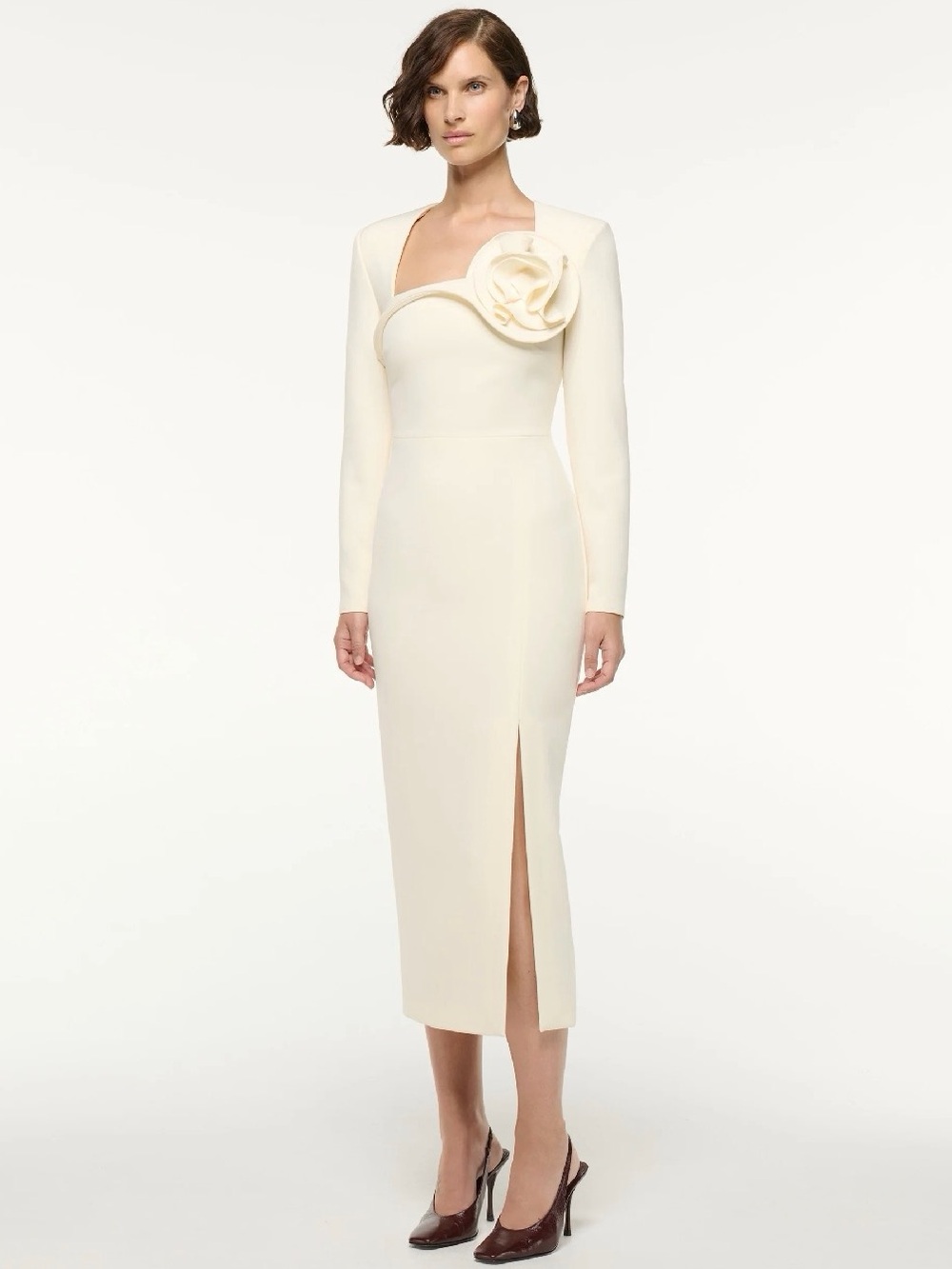 NWOT Roland Mouret Cream Long-Sleeve Midi Dress with Floral Rosette, Size US 8